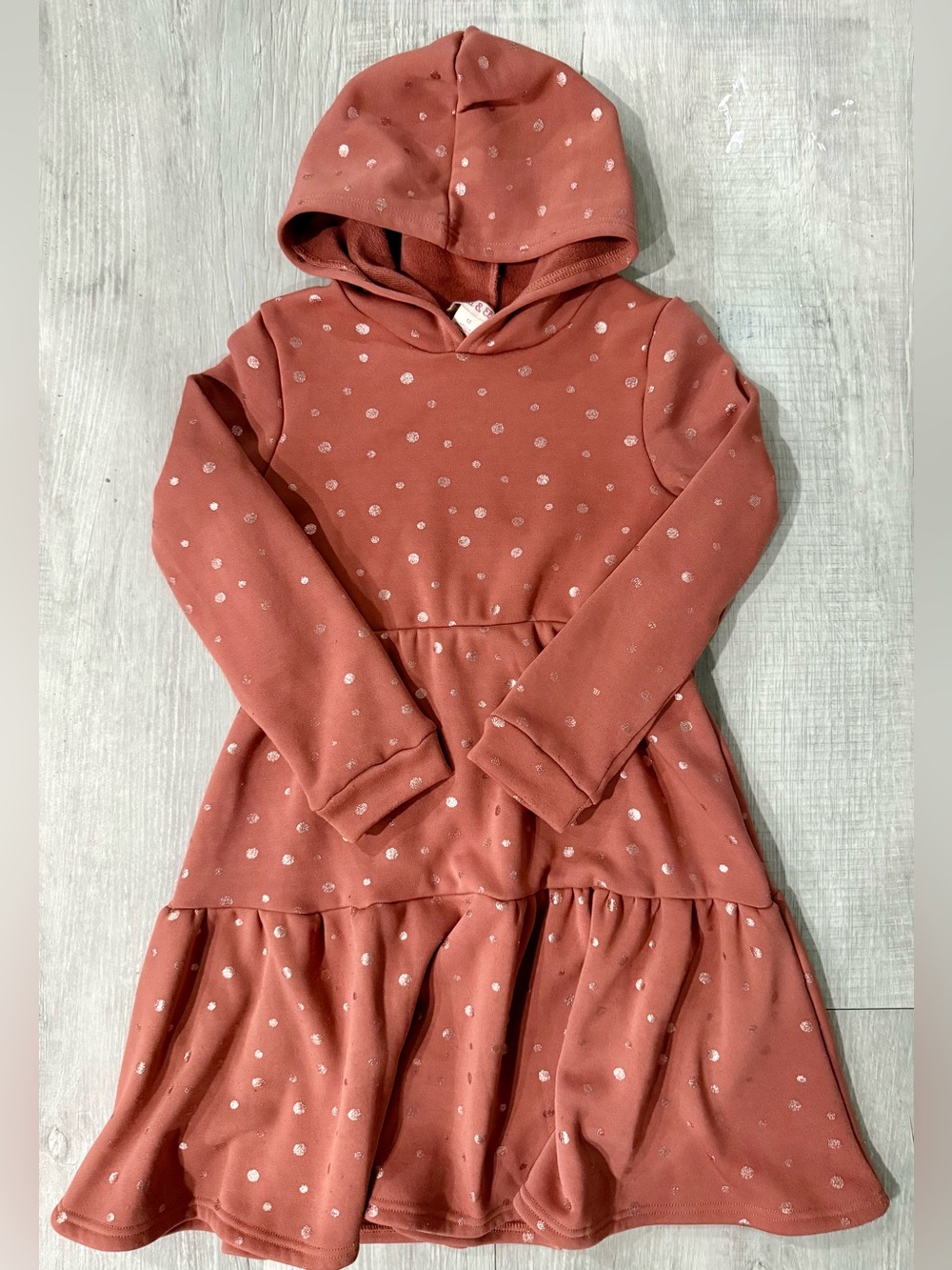 Girls' Hooded Polka Dot Dress - Dusty Rose with Metallic Polka Dots 12